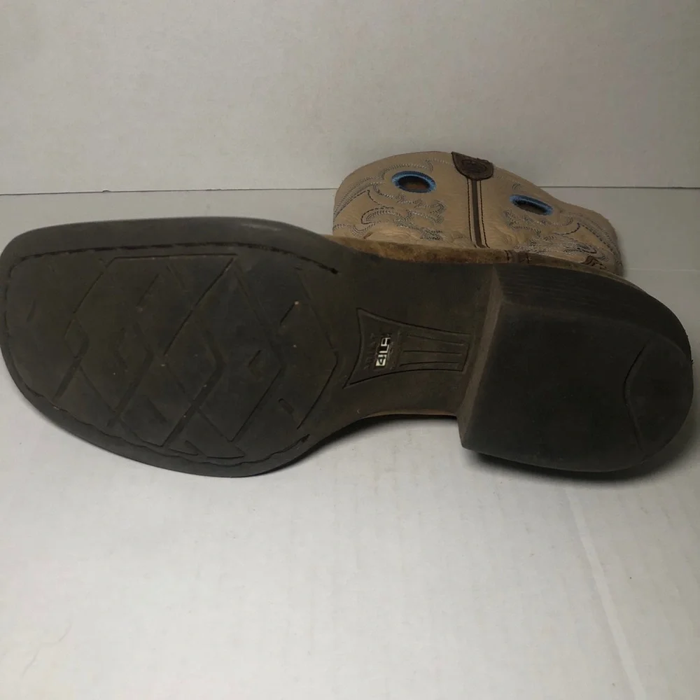 Ariat Brown Leather Kids Western Boots with Cream Shaft and Blue Accents